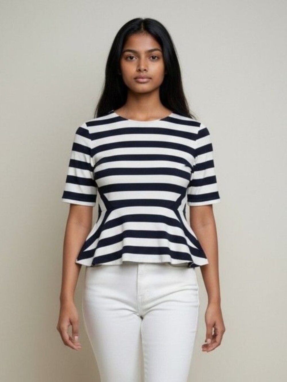 Talbots Striped Peplum Knit Top Womens XS Navy & White Nautical Blouse